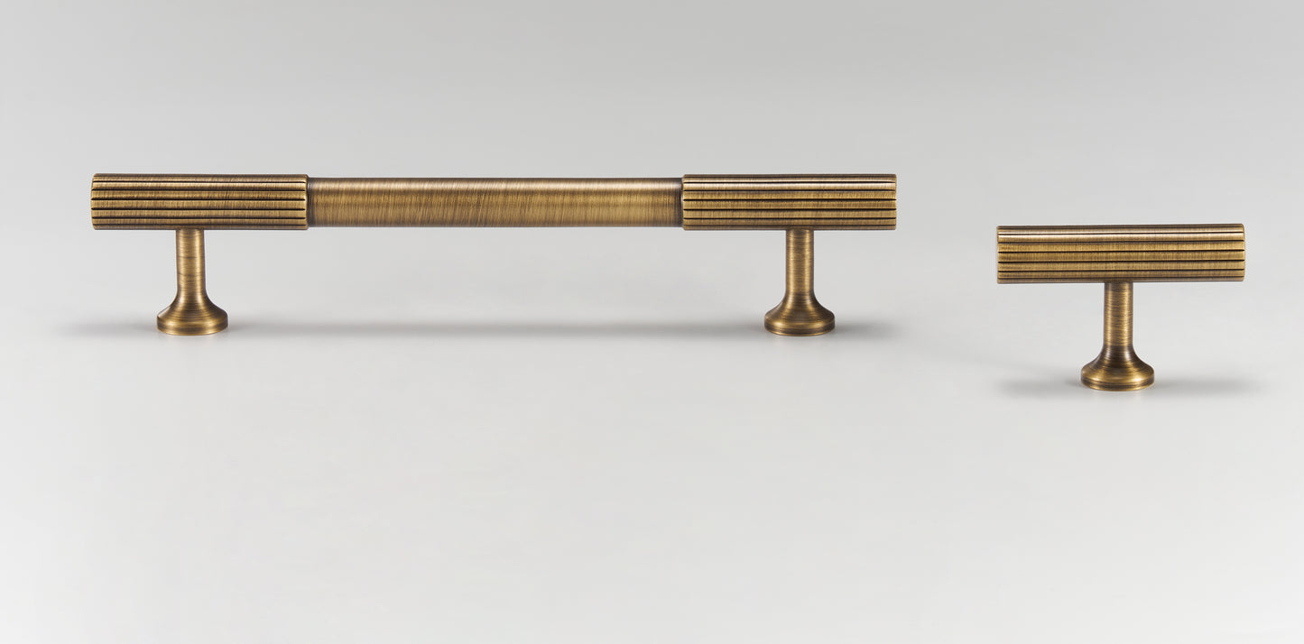 Solid Brass Reeded T-Bar Handles & Matching Pull Knobs - Brushed Brass & Antique Brass Finish