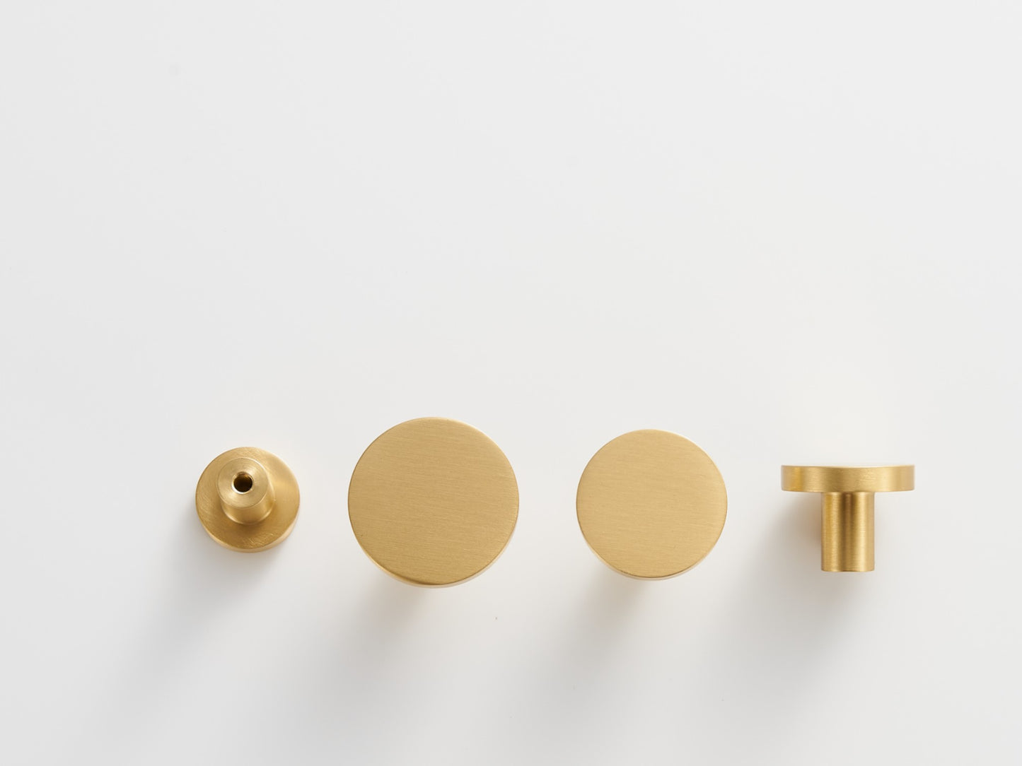 Flat Round Knobs - Solid Brushed Brass Drawer Knobs - 20mm to 32mm