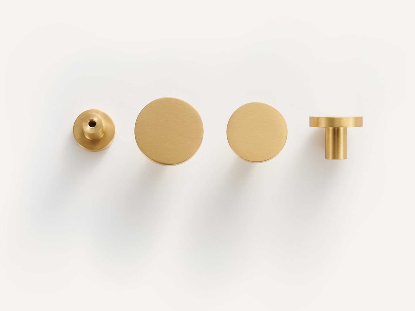 Flat Round Knobs - Solid Brushed Brass Drawer Knobs - 20mm to 32mm