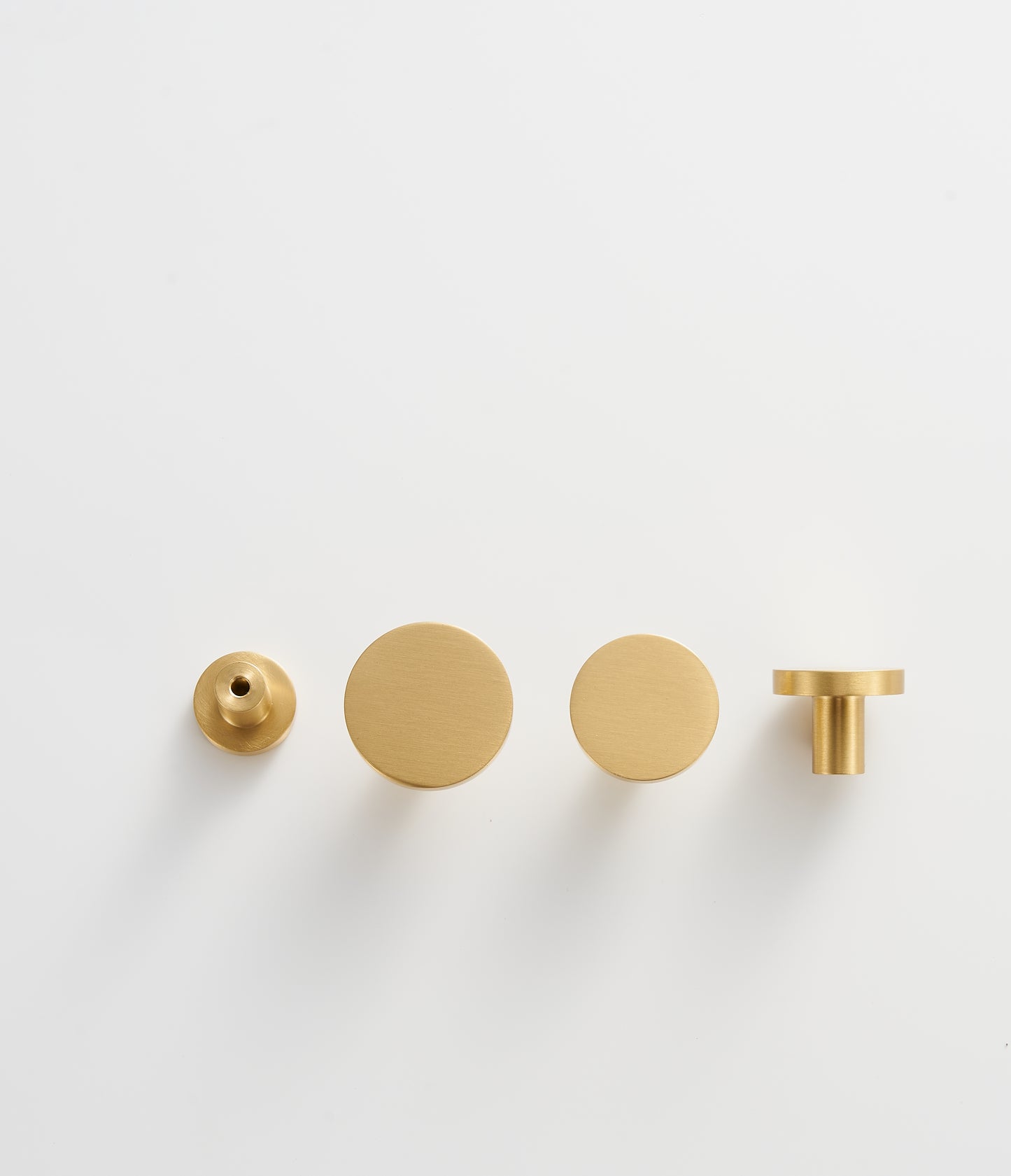 Flat Round Knobs - Solid Brushed Brass Drawer Knobs - 20mm to 32mm