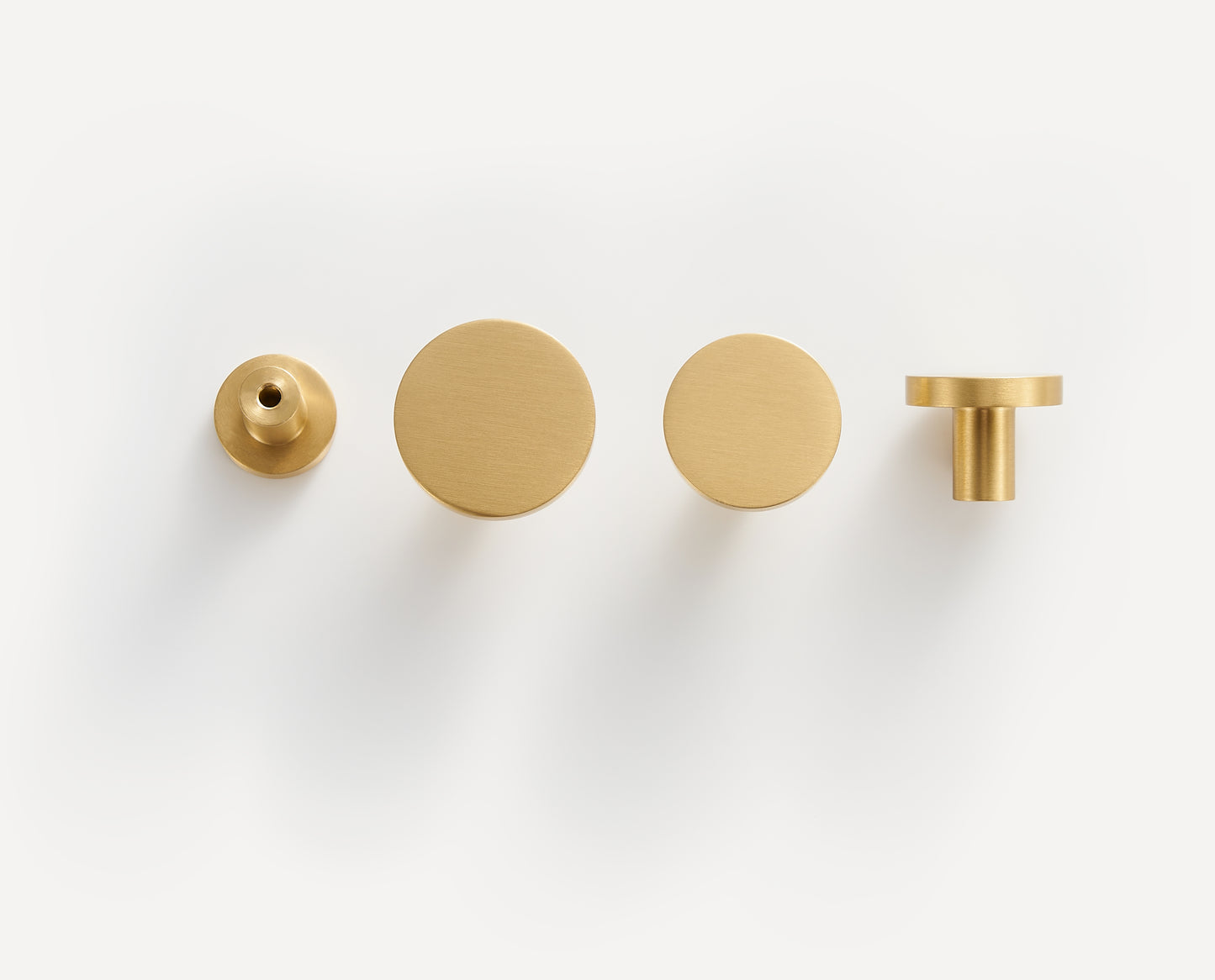 Flat Round Knobs - Solid Brushed Brass Drawer Knobs - 20mm to 32mm