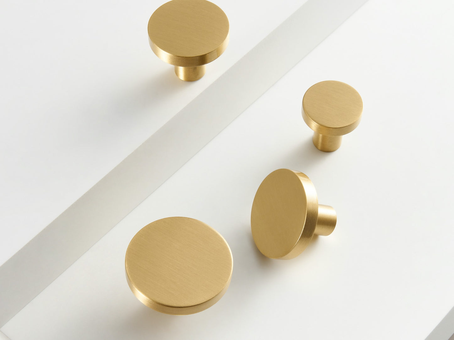 Flat Round Knobs - Solid Brushed Brass Drawer Knobs - 20mm to 32mm