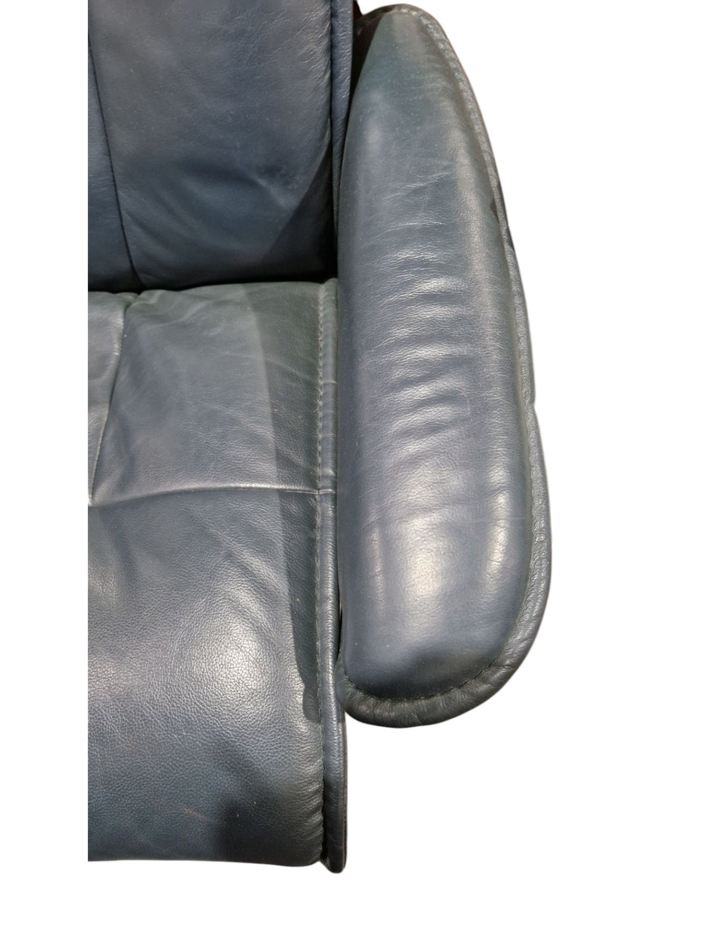 Norwegian Ekornes green leather Stressless lounge chair and matching footstool, both raised on