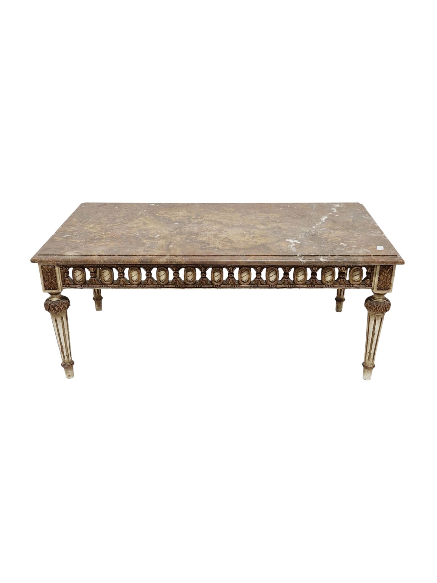 20th century coffee table in the French Louis XV manner, the rectangular marble top with