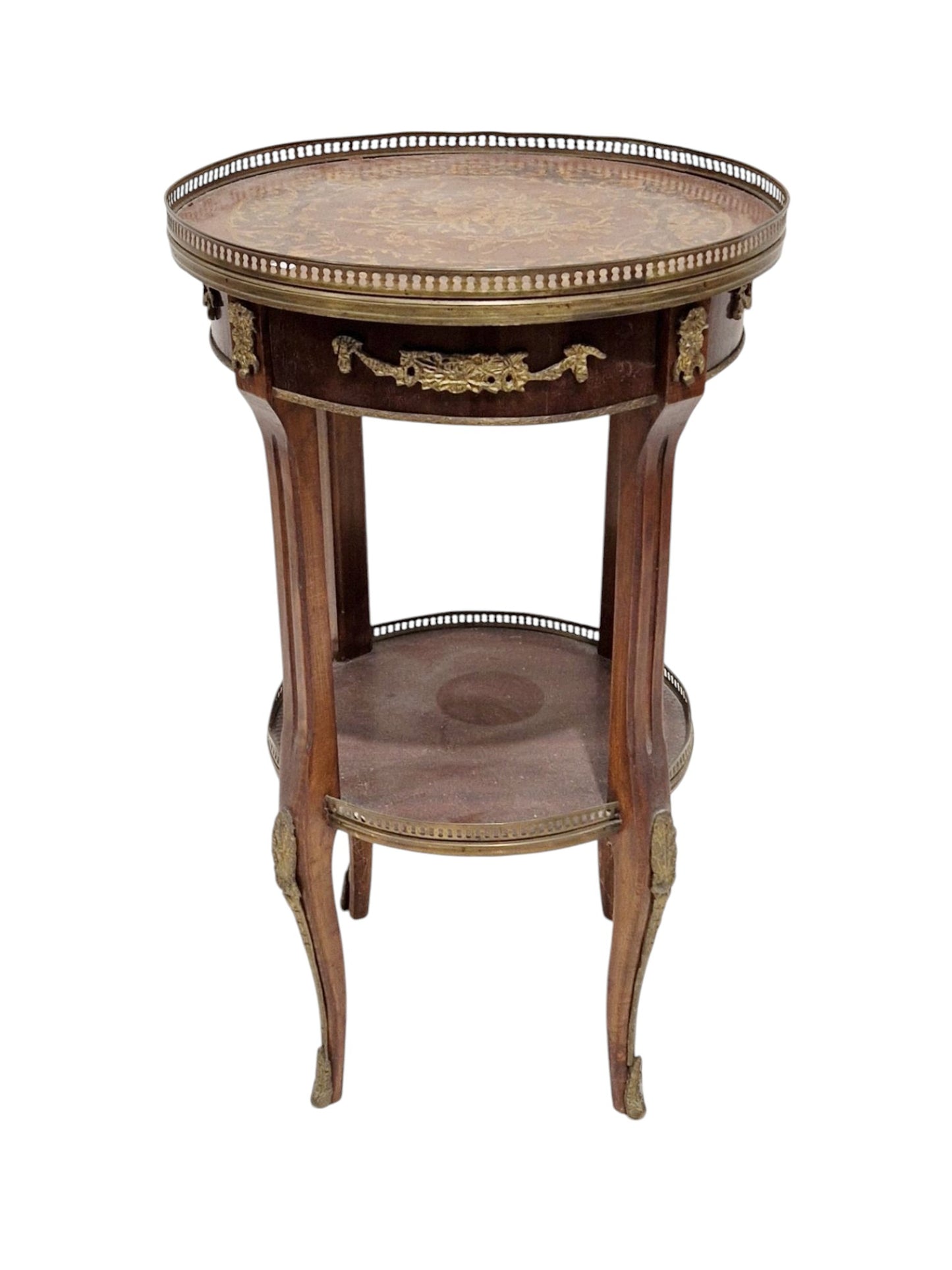 French walnut circular side table in the Louis XV manner, the top with pierced gilt gallery rail and