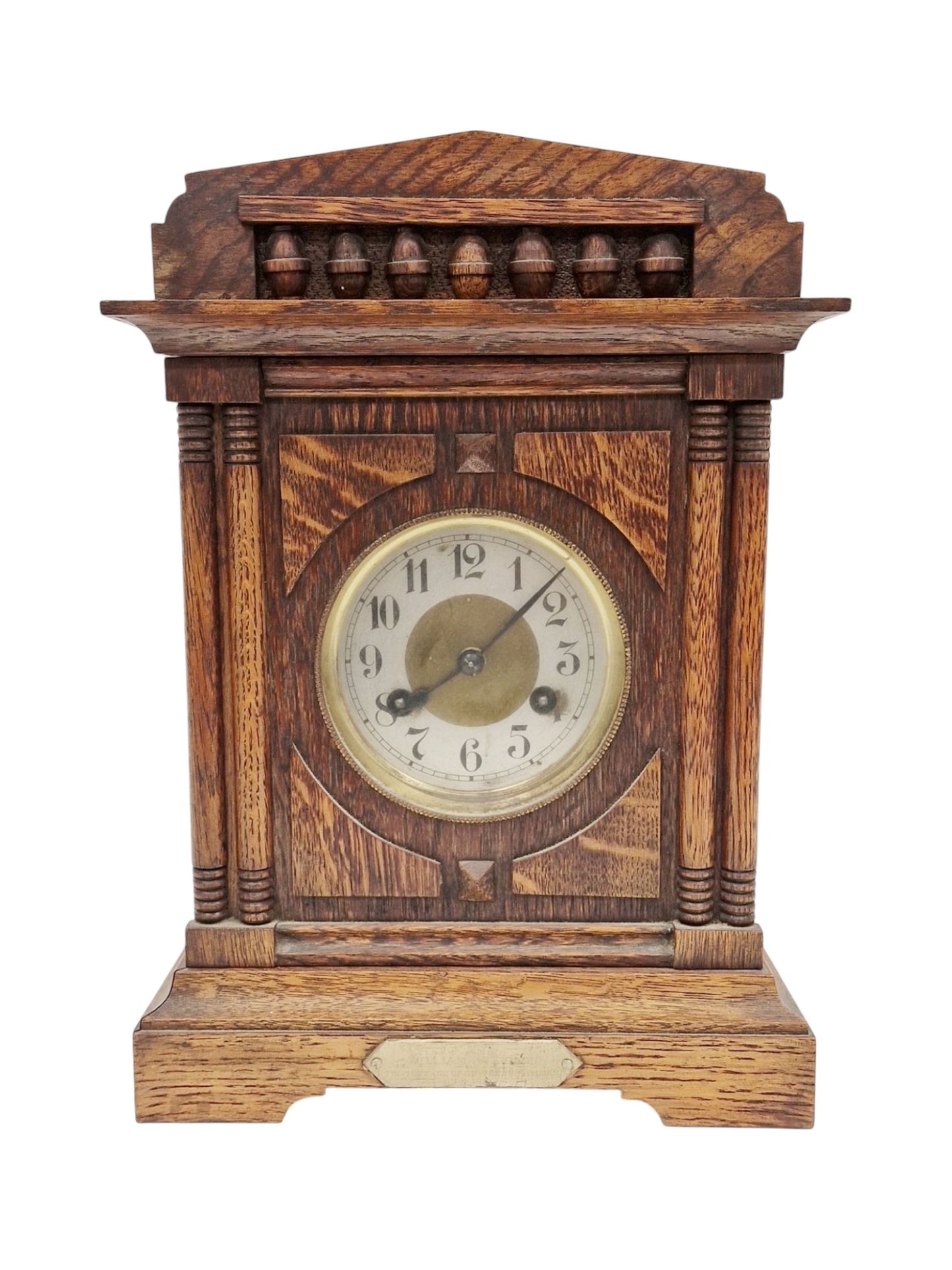 Early 20th century oak cased 8-day mantel clock, the gilt brass and silvered face having Arabic