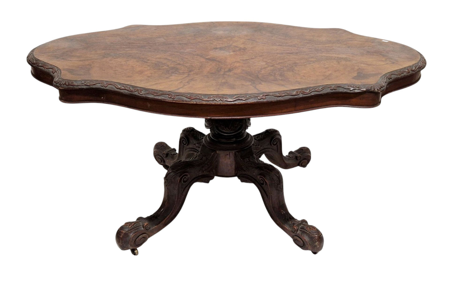 Victorian walnut and burr walnut tilt-top breakfast table, the shaped top with scrolling floral