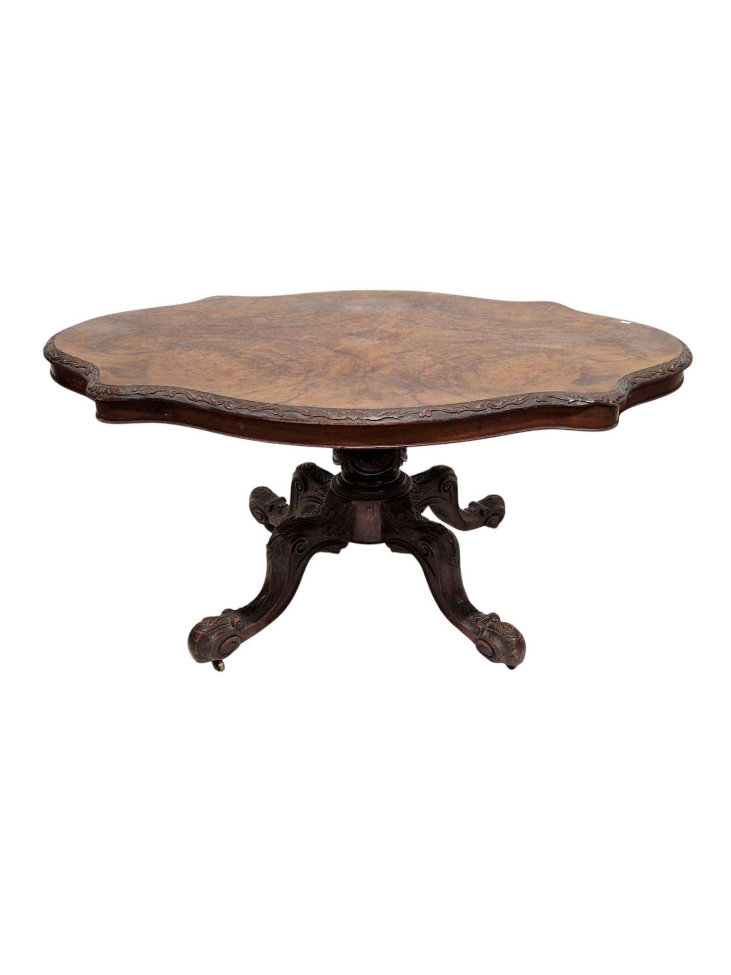 Victorian walnut and burr walnut tilt-top breakfast table, the shaped top with scrolling floral