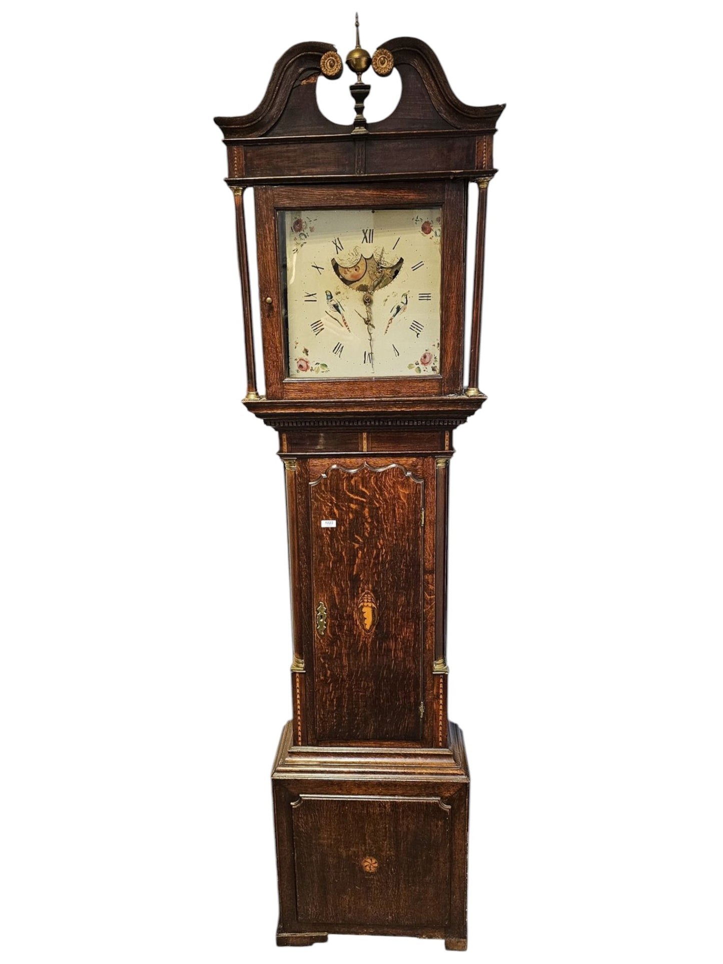 Early 20th century oak cased 8-day mantel clock, the gilt brass and silvered face having Arabic