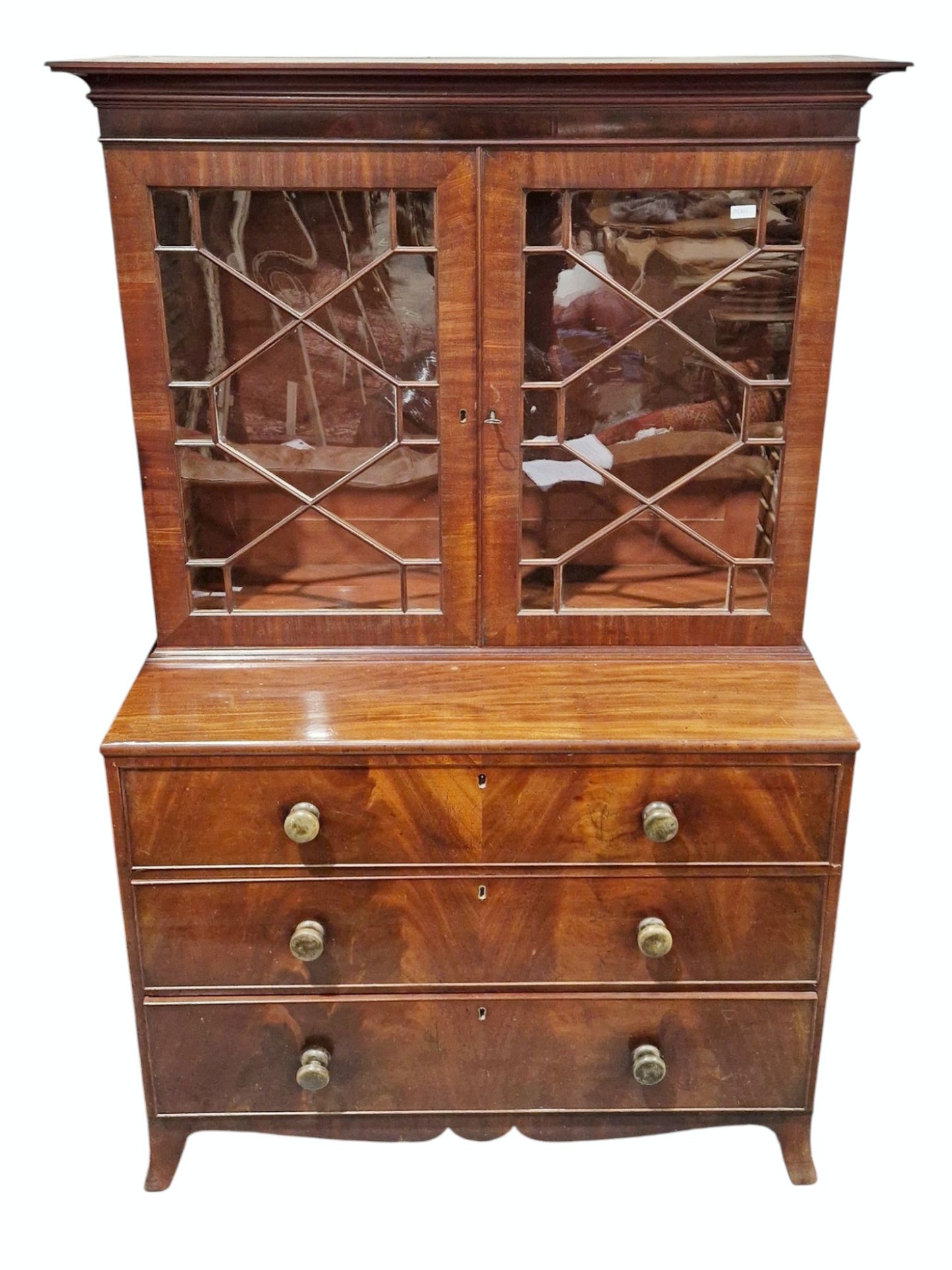 George III mahogany library bookcase, the moulded cornice over two astragal glazed doors opening