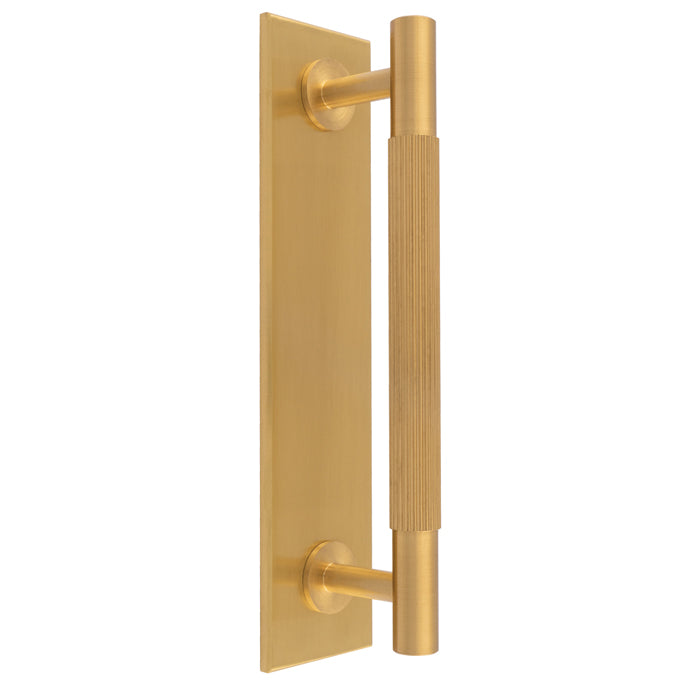 Lines Pull Handles on backplate – Satin Brass – 128mm c/c