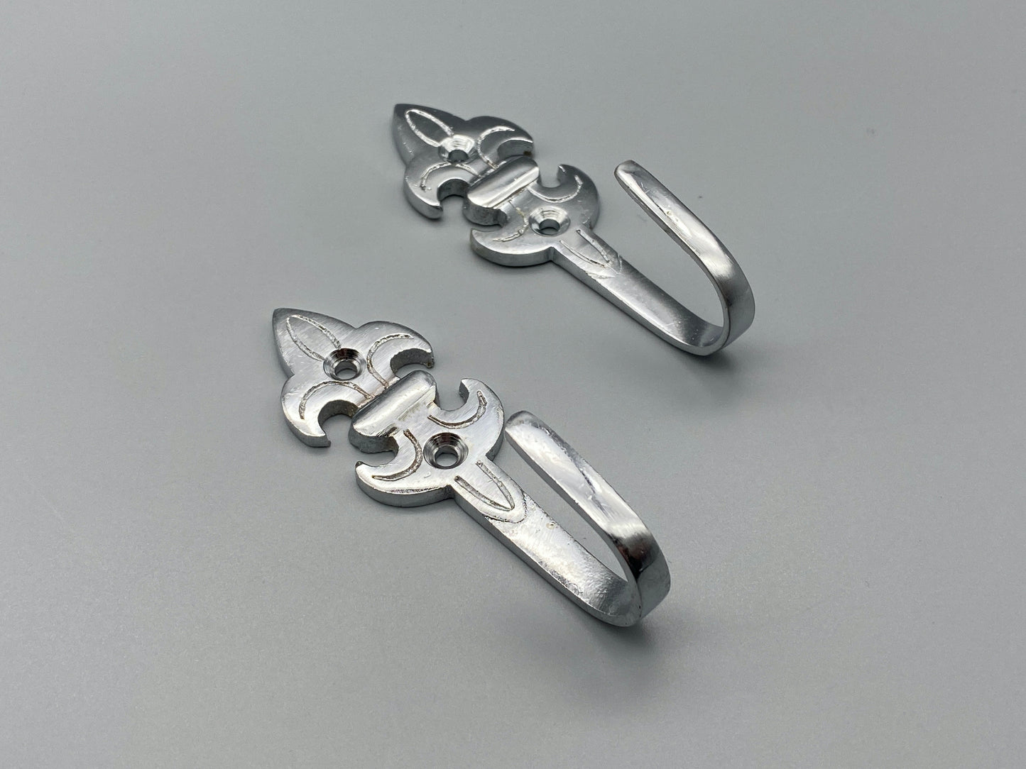 Pair of Chrome Curtain Tieback Fluer De Lis Hooks - 75mm