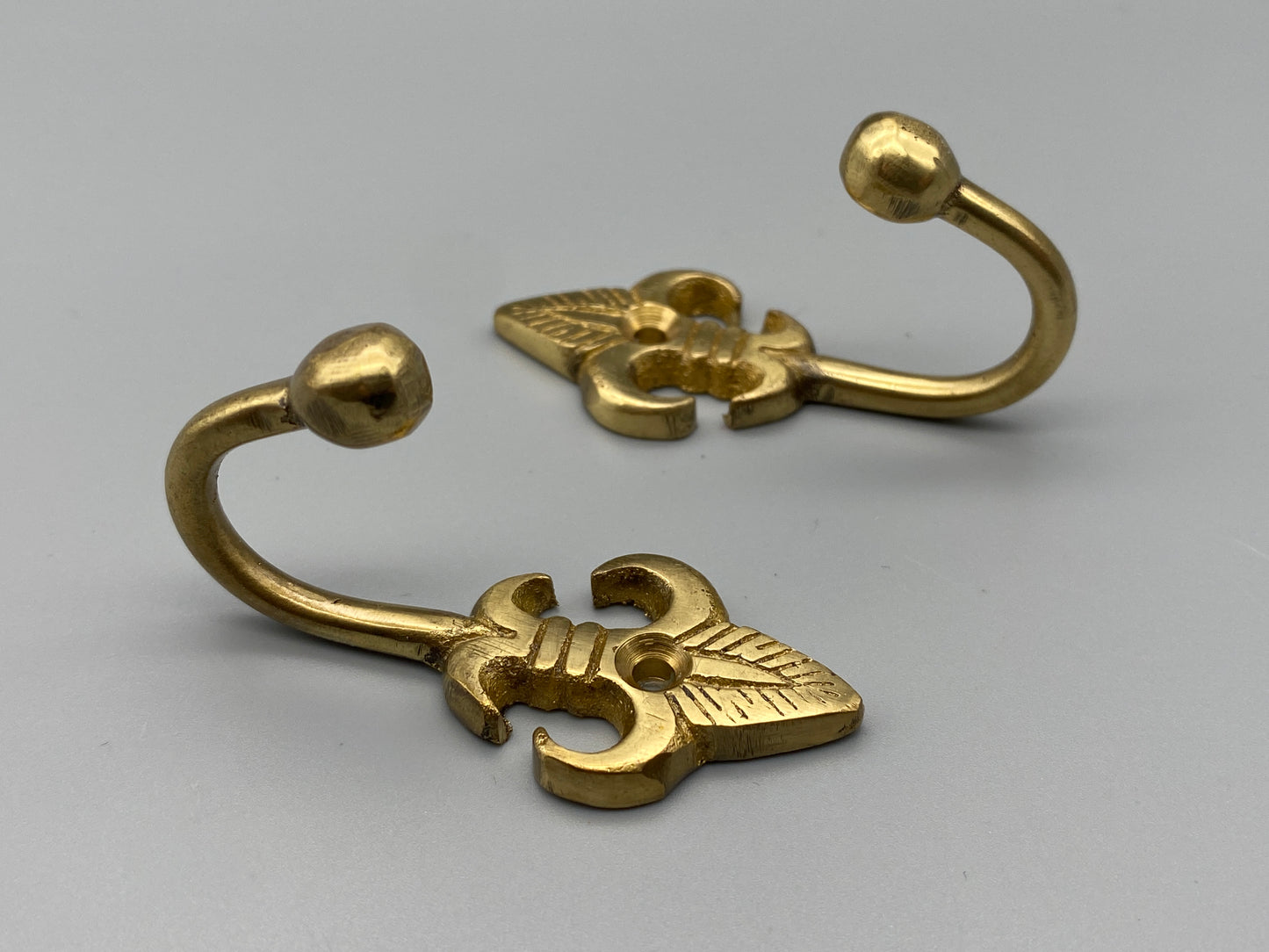 Pair of Brass Curtain Tieback Fluer De Lis Ball End Hooks - 60mm