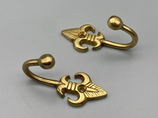 Pair of Brass Curtain Tieback Fluer De Lis  Ball End Hooks - 60mm