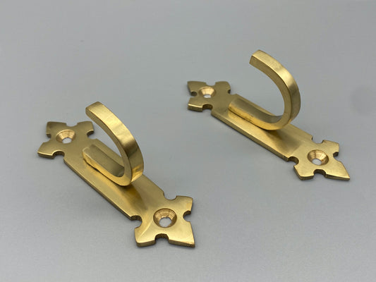 Pair of Solid Brass Curtain Tieback Hooks 80mm - Fleur De Lis