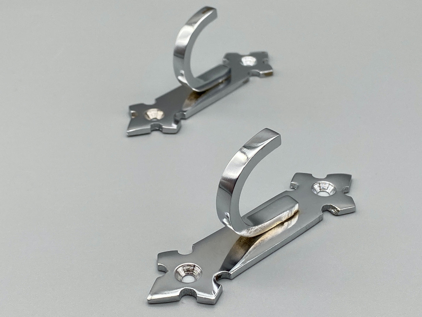 Pair of Solid Chrome Curtain Tieback Hooks 80mm - Fleur De Lis