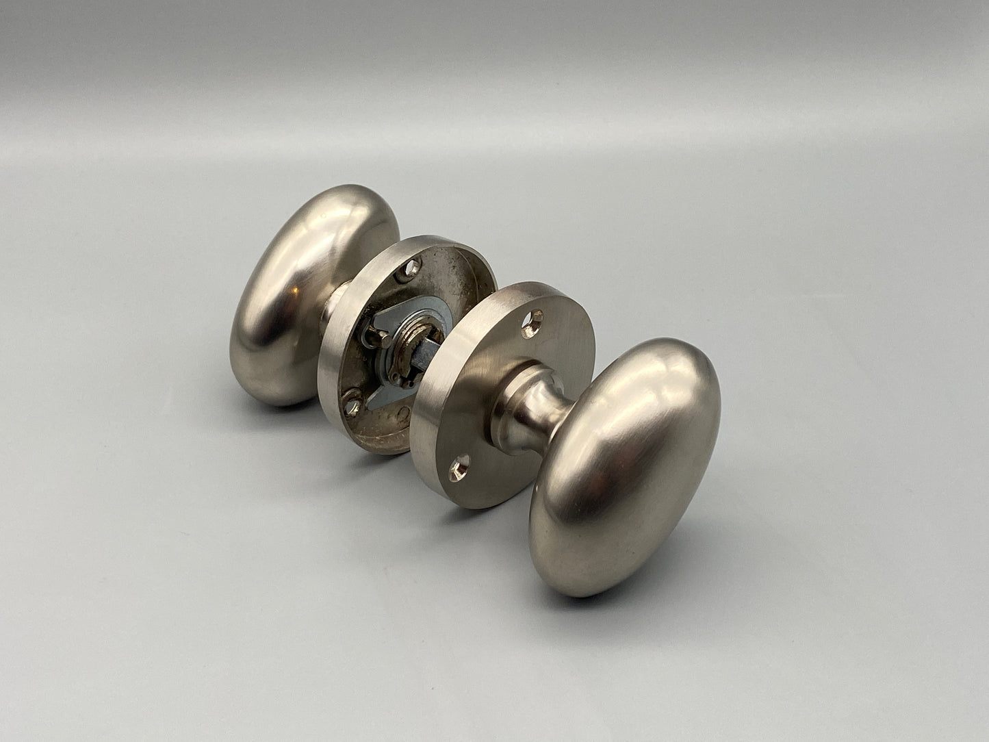 Pair of Oval Brushed Silver Victorian Mortice Set - 65mm Knobs
