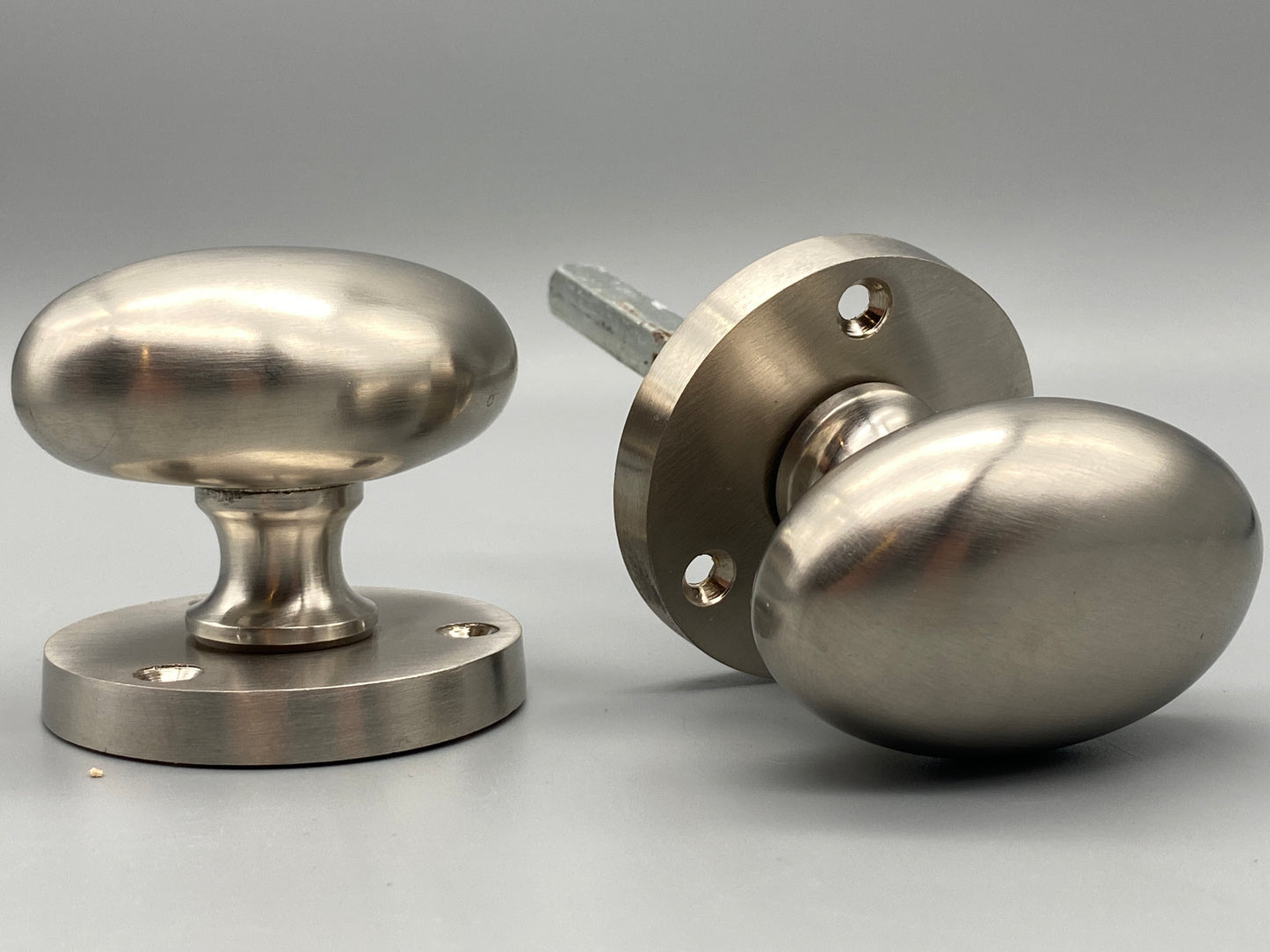 Pair of Oval Brushed Silver Victorian Mortice Set - 65mm Knobs