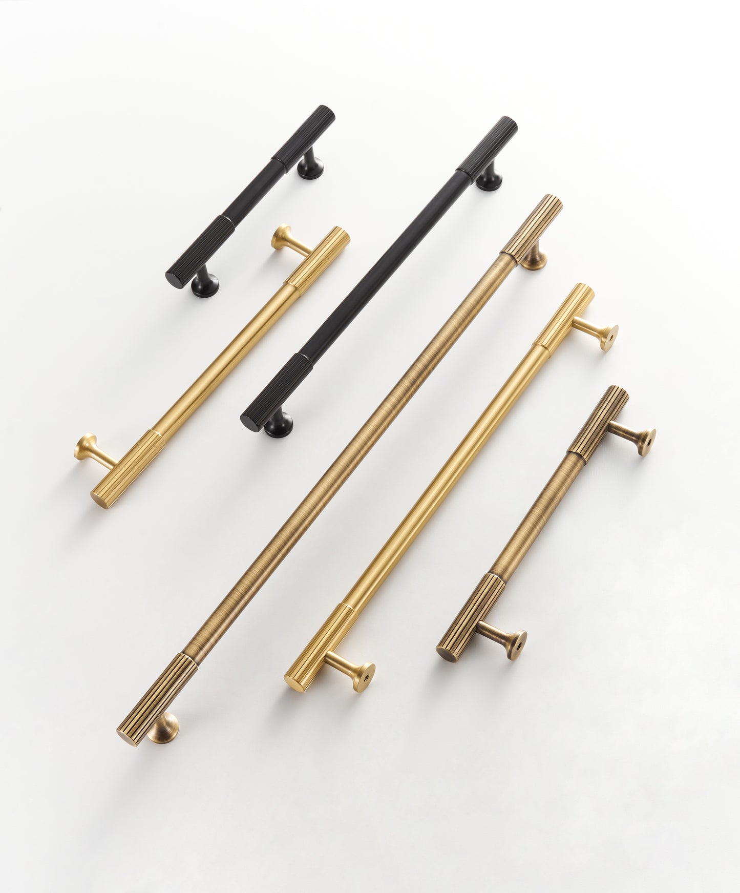 Solid Brass Reeded T-Bar Handles & Matching Pull Knobs - Brushed Brass & Antique Brass Finish