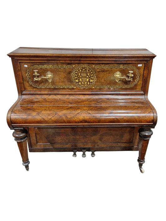 Victorian Figured Walnut Upright Piano by Bampton & Co, London