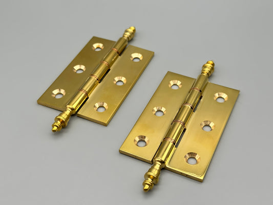 Pair of Solid Brass Hinges with Finials - Polished Brass - 76mm & 102mm - Pack of 2