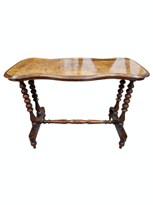 Victorian burr walnut and walnut side table, the shaped top with thumbmould edge, raised on double