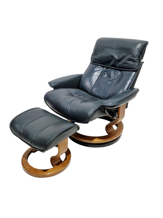 Norwegian Ekornes green leather Stressless lounge chair and matching footstool, both raised on