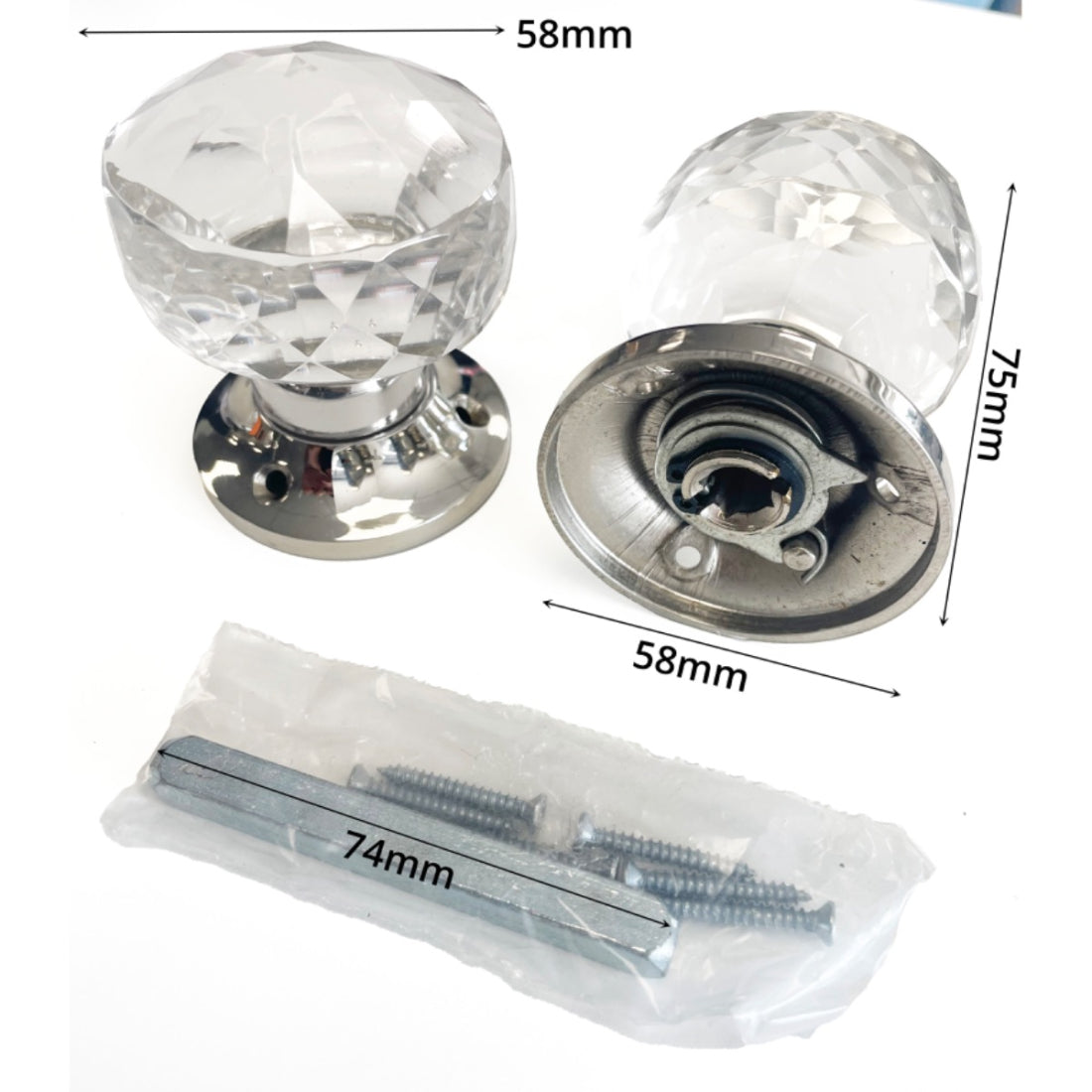 Jones Glass & Chrome Concealed Mortice Door Knobs - set