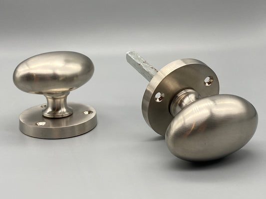 Pair of Oval Brushed Silver Victorian Mortice Set - 65mm Knobs