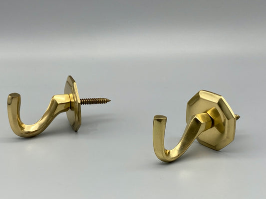 Pair of Octagonal Wall Hooks - Solid Screw Fixed Metal Hooks - Chrome & Brass Finish
