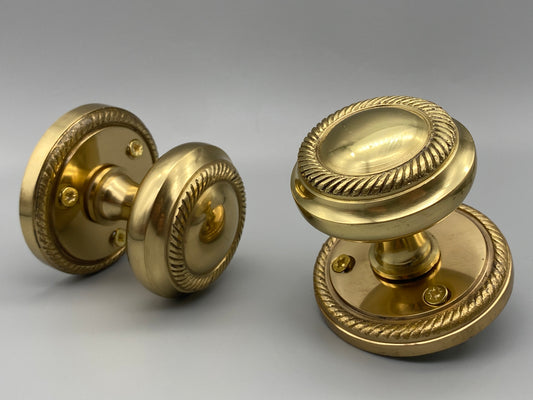 Solid Brass Georgian Mortice Set - 65mm Pair of Knobs