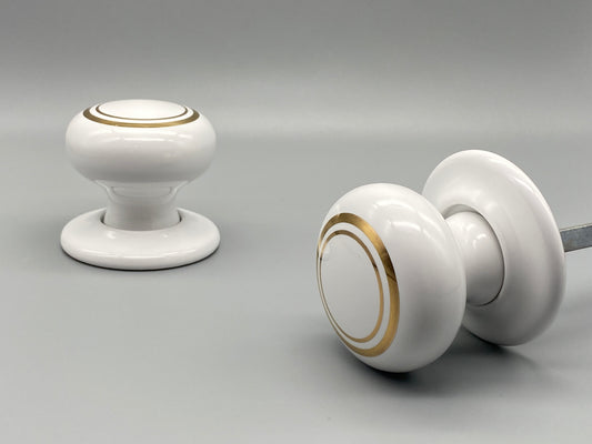 Heavy Ceramic White Mortice Set with Gold Accent - 60mm Knobs